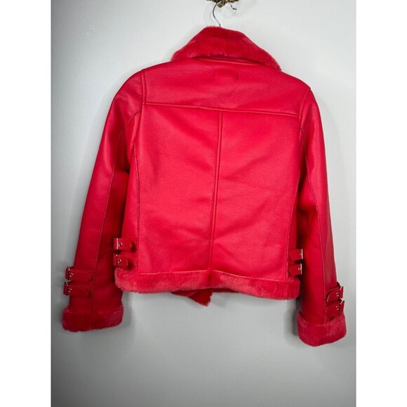 NWT Generation Love Dion Faux Fur Shearling Moto Jacket Red Size XXS - Picture 6 of 6